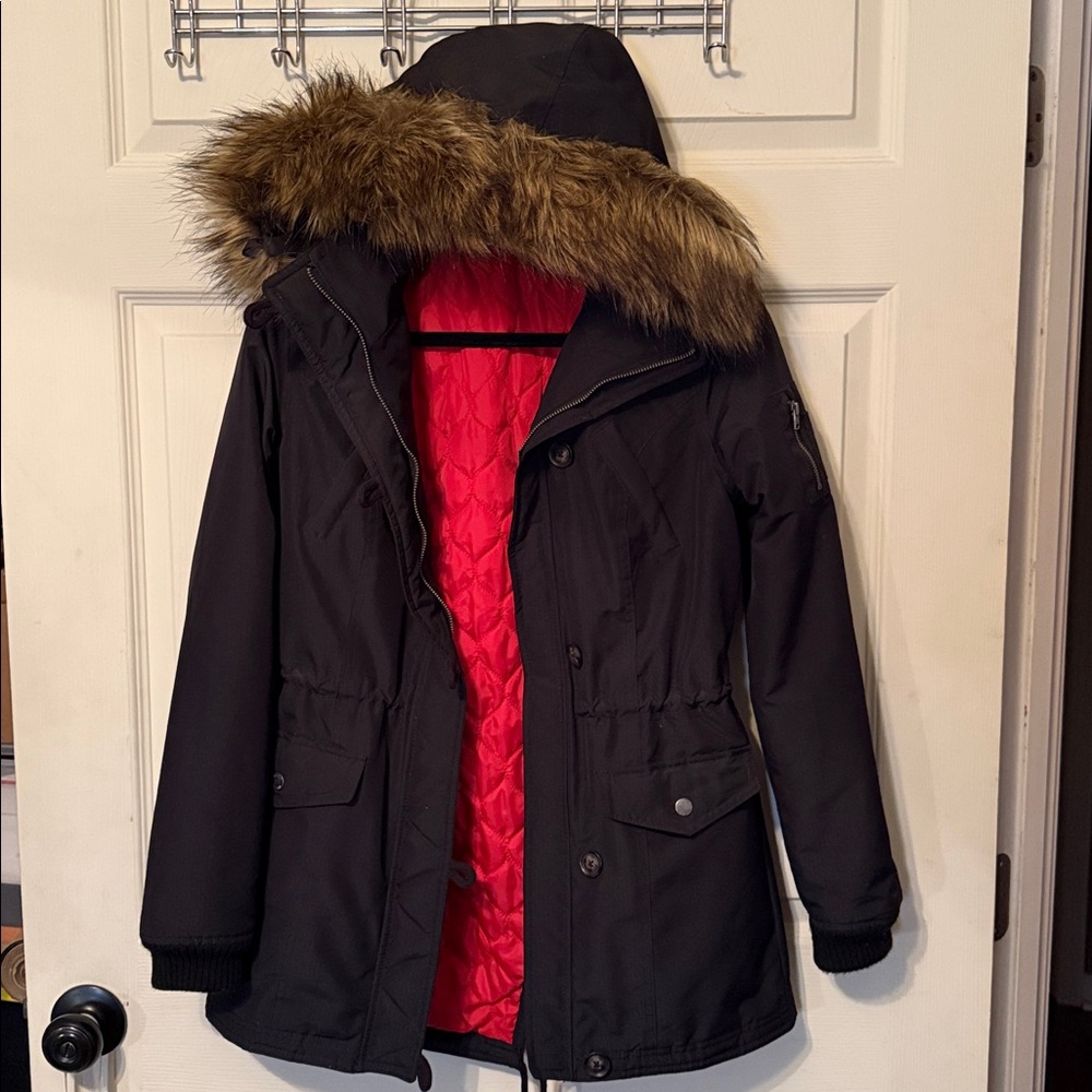 Hollister Black Parka Jacket with Faux Fur Trim size small